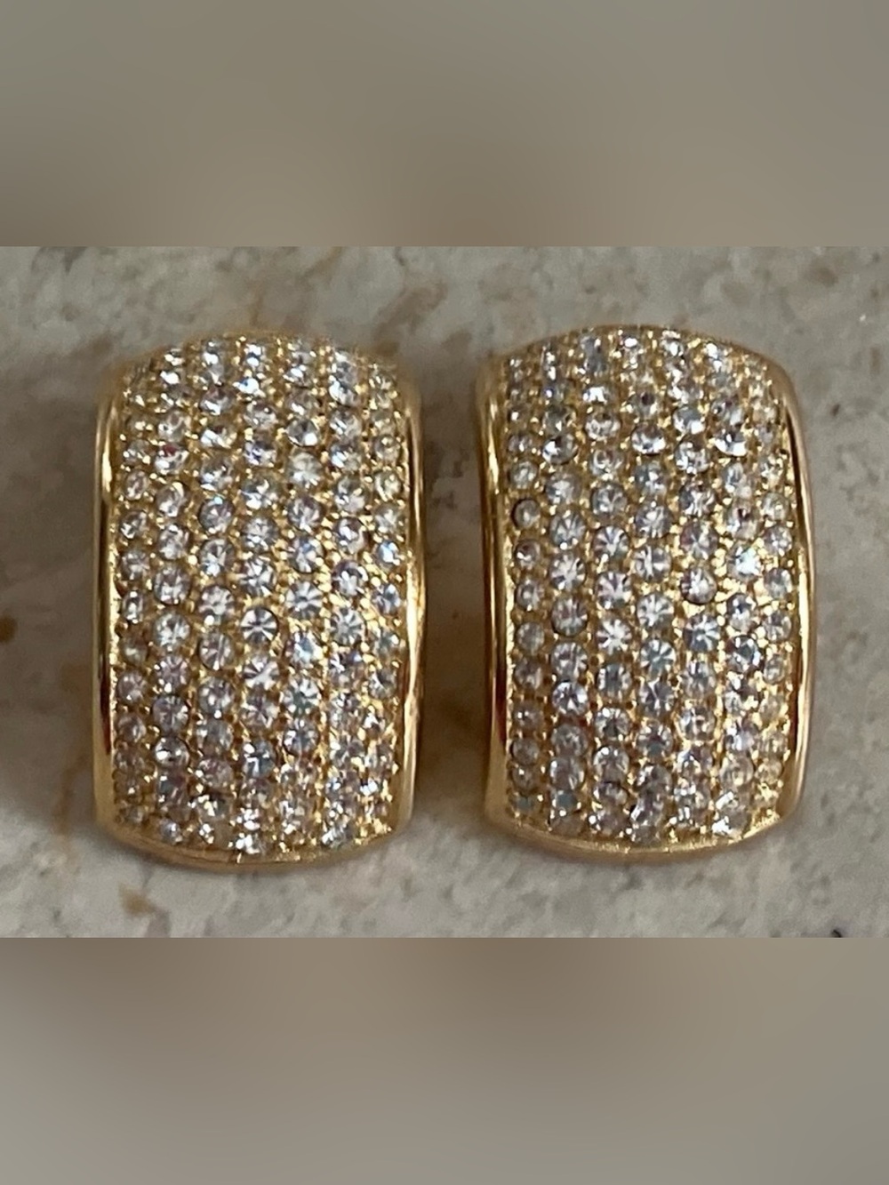CHRISTIAN DIOR Signed, Vintage Crystal & Gold Tone Clip-On Huggie Hoop Earrings